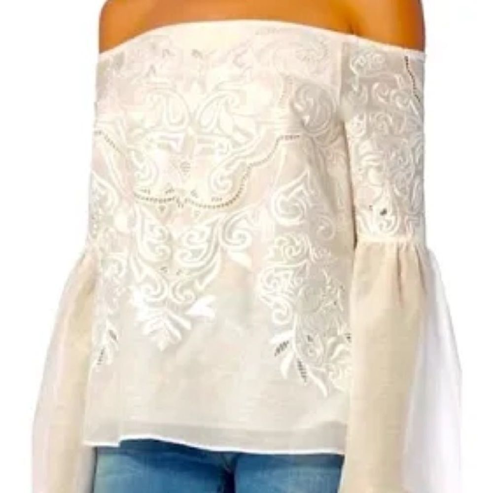 Intermix Aaron Embroidered Off The Shoulder White Lace Blouse with Bell Sleeves.